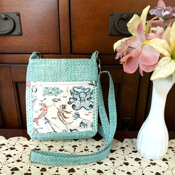 Handmade Aqua Cotton Crossbody Bag with Lining and Magnetic Snap Closure - Picture 1 of 9